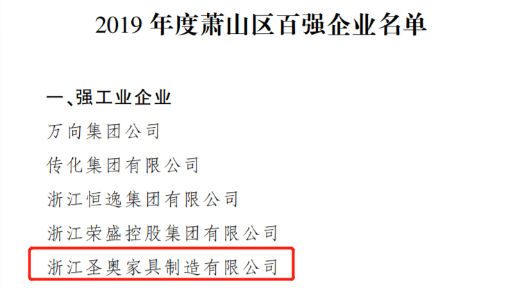 圣奧辦公家具榮獲“2019年度蕭山區(qū)百強(qiáng)企業(yè)”稱號